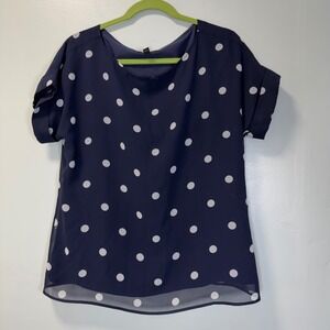 Banana Republic Womens Polka Dot Chiffon Blouse Navy Blue Short Sleeve Small